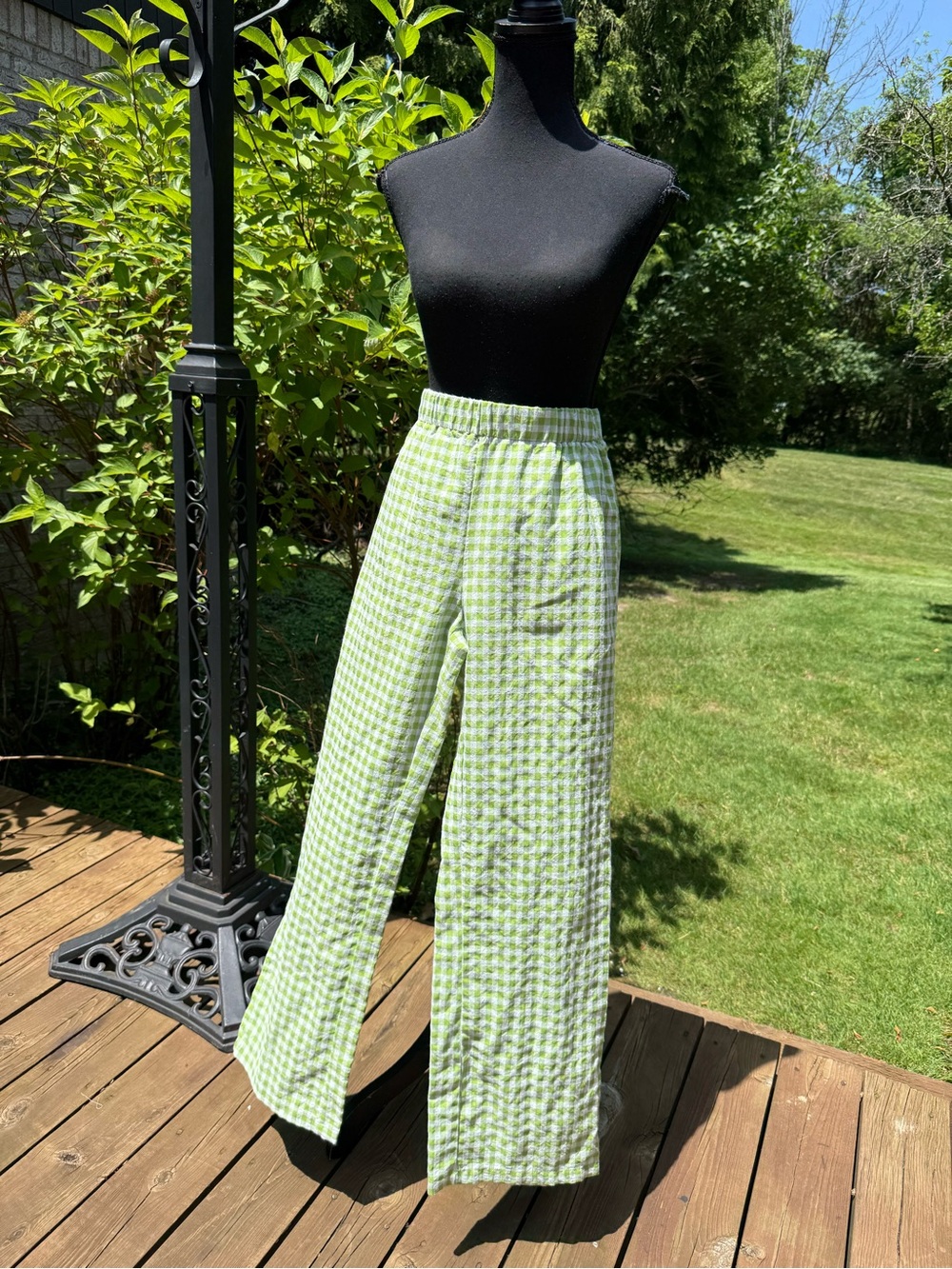 Green Gingham Wide-Leg Pants size L wide leg pre-owned with gift . - Picture 2 of 16